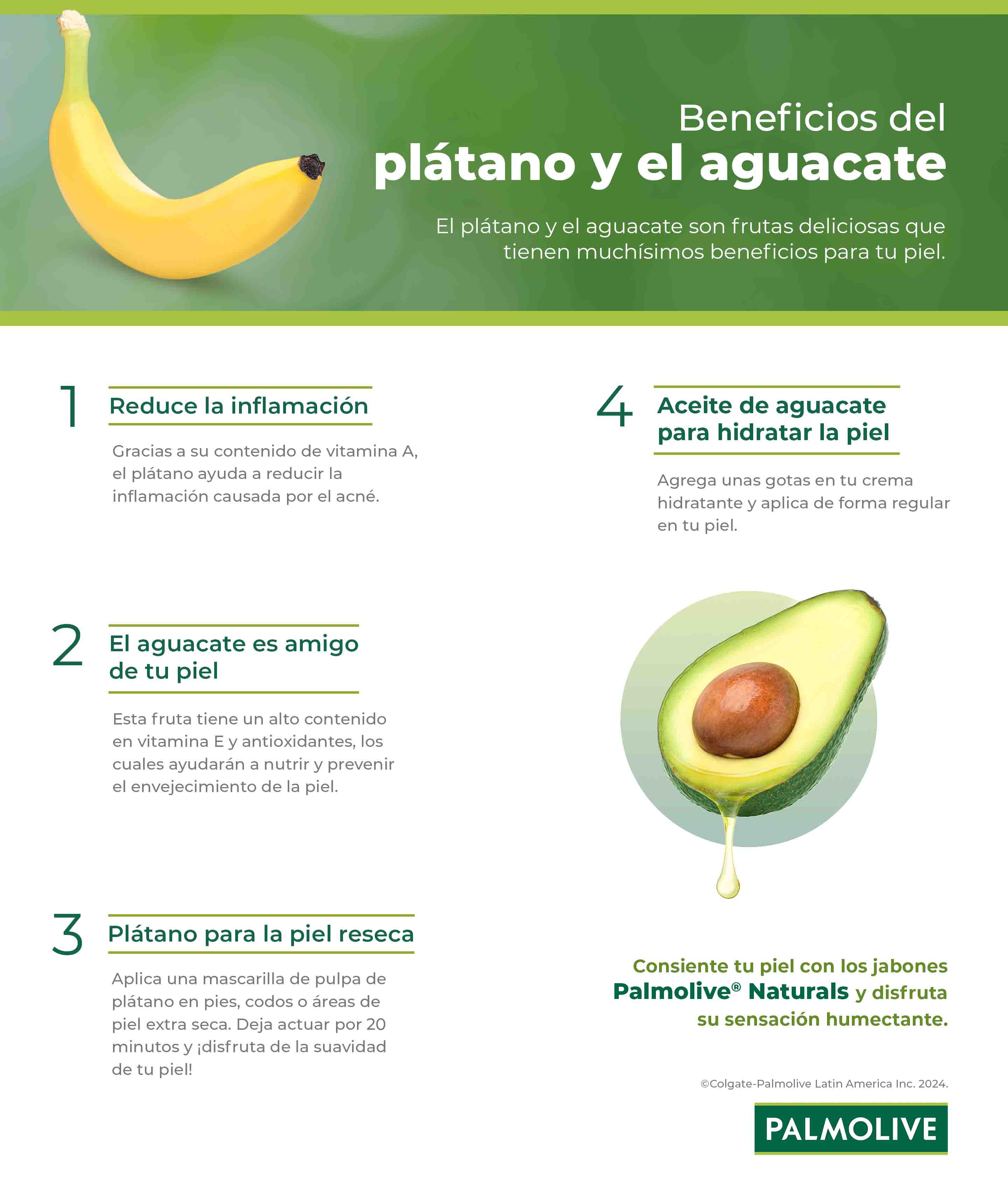 Infografía: Beneficios del plátano y aguacate para la nutrición de la piel