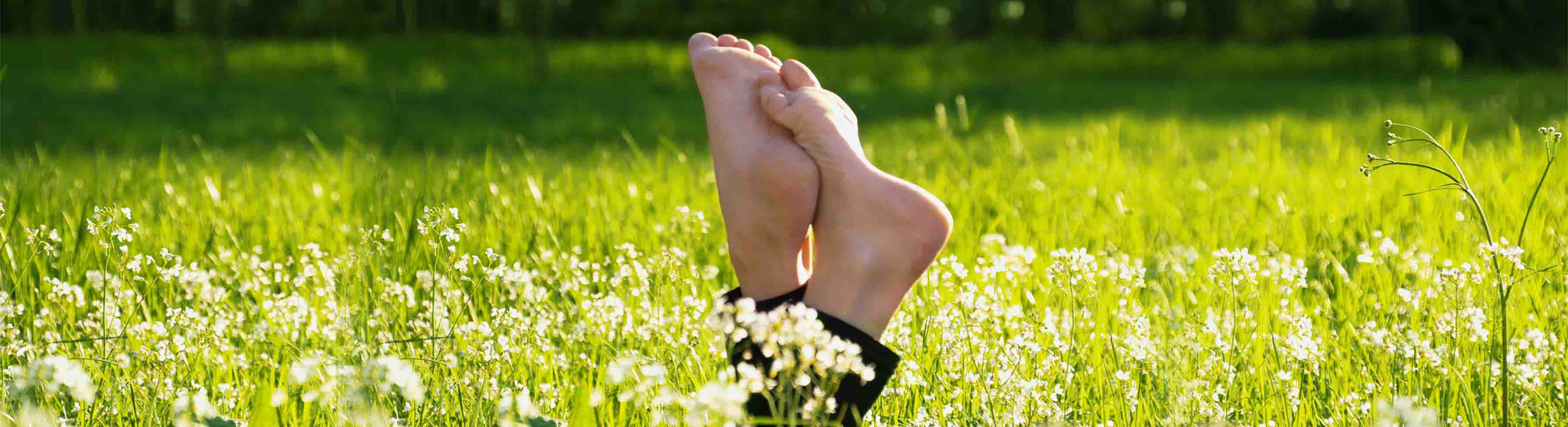 Pies deslumbrantes en un campo verde soleado